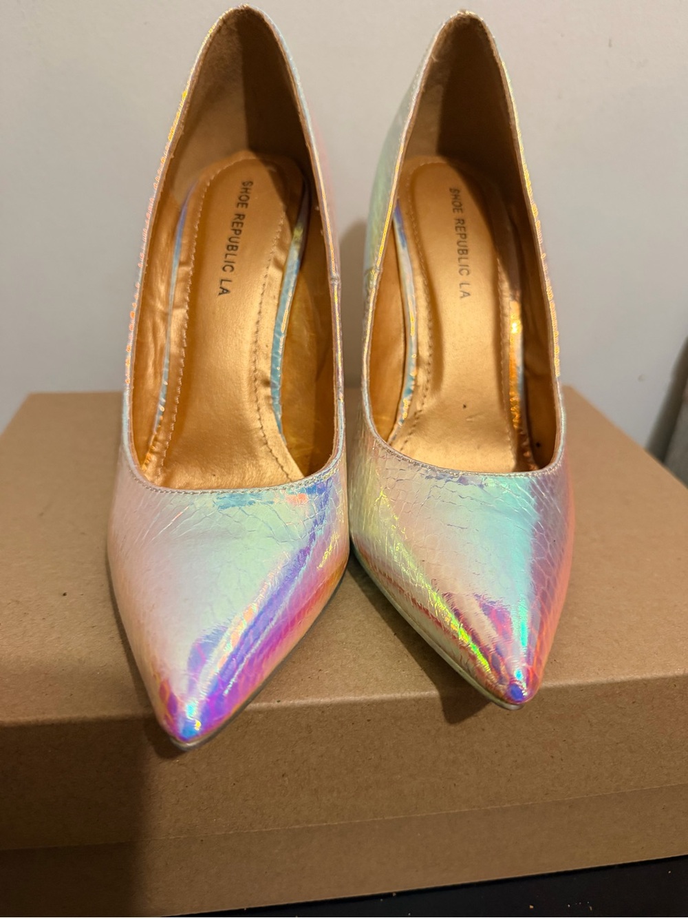Shoe Republic LA Iridescent Holographic Pointed-Toe Pumps - Rainbow Sheen